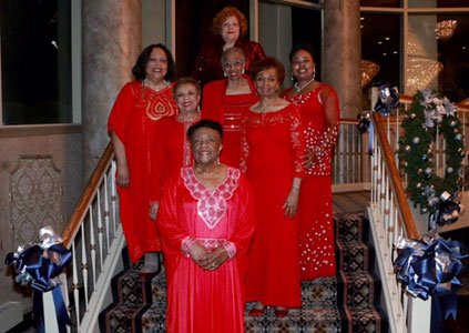 Past presidents of the Baltimore Chapter of Continental Societies, Inc.  (Front to back) Frenzela Credle; G. Madeline Campbell; Marguerite S. Walker; Elnora B. Fullwood; Gwendolyn A. Lindsay; Joi W.Dabney; and immediate past president Dr. Joanne Christopher Hicks. 