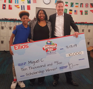 Yolanda College (middle) adopted Miguel Coppede (left), when he was a baby. The mother and son duo continue to accomplish great things. William Whalen (right), executive vice president of Dr. Oetker USA, LLC presented a $10,000 scholarship check to Miguel Coppedge (middle) on March 13, 2019 at  Washington Global Charter School, located in Washington, D.C.  Miguel attends the school and is a seventh grade honor roll student.