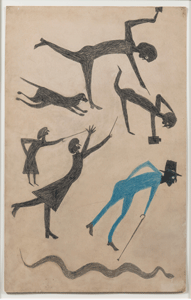 Bill Traylor, Untitled (Event with Man in Blue and Snake), 1939, colored pencil and pencil on cardboard. Collection of Penny and Allan Katz © 1994, Bill Traylor Family Trust. Photography by Gavin Ashworth