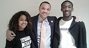 Maryland State Delegate Antonio L. Hayes from the 40th legislative district (center) with Randallstown High School  students Imani Estrada (left) and Tywon Cox (right). Delegate Hayes addressed 100 Randallstown High students on December 21, 2016 as part of the school’s monthly speaker series.  