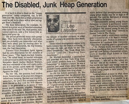 The Disabled, Junk Heap Generation, one of the many editorial pieces Dr. Lassiter wrote as a columnist for The News American
