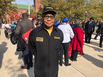 Commander Bernard Watts of The National Association for Black Veterans is among the hundreds who paid tribute during a special ceremony commemorating vets at the Baltimore City War Memorial November 11, 2019.