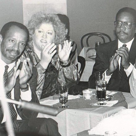 Left Band Jazz Society fans applauding the jazz combo on open nite at Ethel Ennis Baltimore Blues Alley on opening night. L/r John Fowley, Judy Webber, Fred Gant, Leon Manker and Velma Scott in 1982