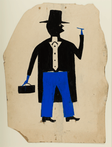 Bill Traylor, Man in Black and Blue with Cigar and Suitcase, ca. 1939–1942, pencil and poster paint on cardboard. Collection of Jerry and Susan Lauren © 1994, Bill Traylor Family Trust. Photo: Matt Flynn © Smithsonian Institution