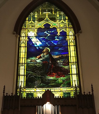 This stunning stained glass is among those you will find at the historic church.