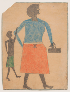Bill Traylor, Mother with Child, ca. 1939–1942, colored pencil and pencil on cardboard. Collection of Judy A. Saslow © 1994, Bill Traylor Family Trust. Photo by James Prinz, Chicago