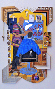 “Next Up, Barbershop Series”- Acrylic painting on wood. | Artist: Schroeder Cherry