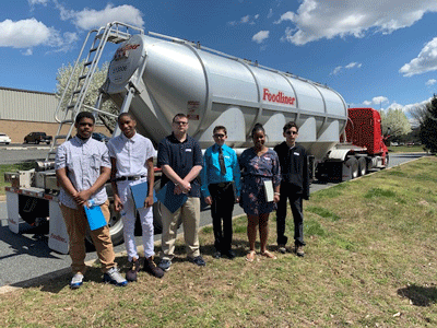 Students of High Road School of Delaware in front of Foodliner Trucking vehicle. Representatives from Foodliner Trucking shared information about their accupations with the students participating in the event.