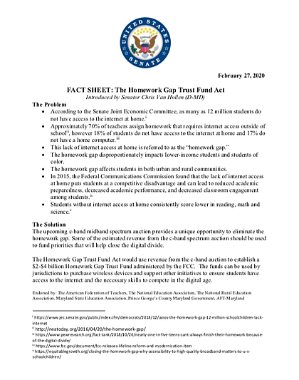 A one-pager on the Homework Gap Trust Fund Act can be found