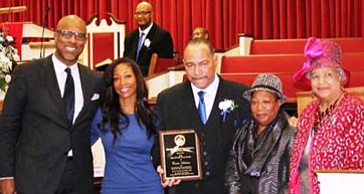 William “Carlos” Hutchins, well-known promoter was recently voted “Man of the Year” at the Rising Sun First Baptist Church. L/r Pastor Engel D. Burns, First Lady Candice Burns, Carlos Hutchins, his wife Patsy Hutchins and Senior First Lady Earleen Poe Burns. Congratulations little brother.
