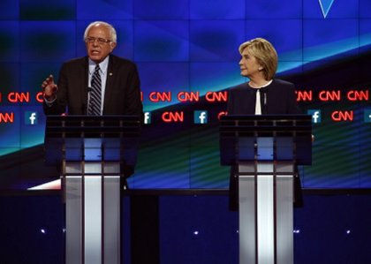 Bernie Sanders and Hillary Clinton at the CNN Democratic Debate at the Wynn Hotel in Las Vegas, Tuesday, October 13, 2015.  