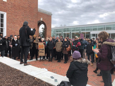 Students gather on Johns Hopkins' Homewood campus in protest of the private police bill on February 13, 2019.