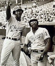 (Right) In a rare pose, Allen brothers, Hank (left) and Dick (right), finally joined forces with the Chicago White Sox in September 1972. It was their first time as teammates since leaving Wampum High School in Wampum, Pennsylvania.
